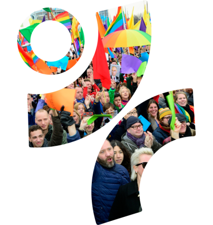 COC leden demonstreren voor lhbti+ rechten in het logo van COC